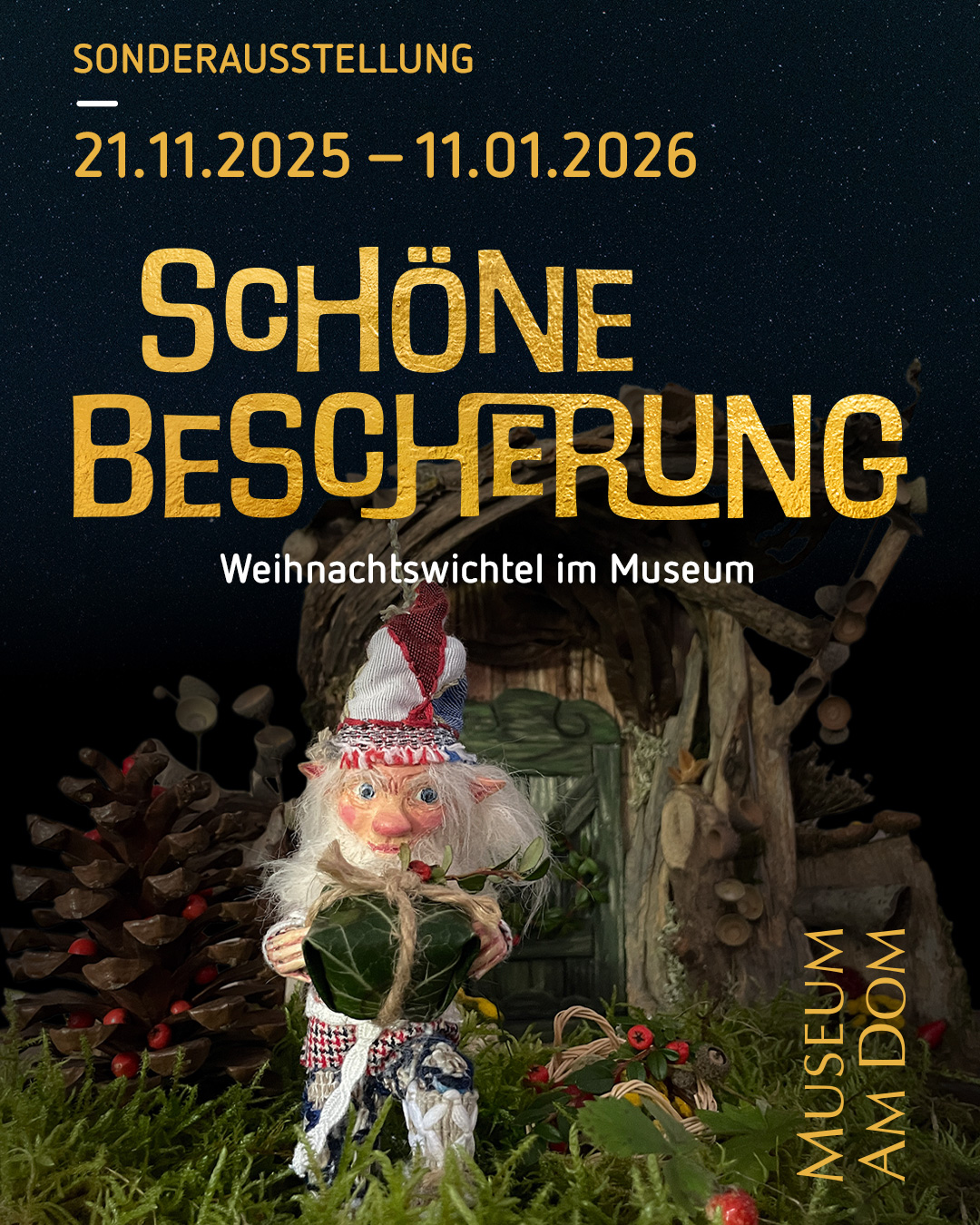 Plakat für die Sonderausstellung 'Schöne Bescherung – Weihnachtswichtel im Museum' welche vom 21. November 2025 bis zum 11. Januar 2026 im Museum am Dom Trier zu sehen sein wird. Das Ausstellungsplakat zeit einen Weihnachtswichtel, der neben einem Tannenzapfen steht.