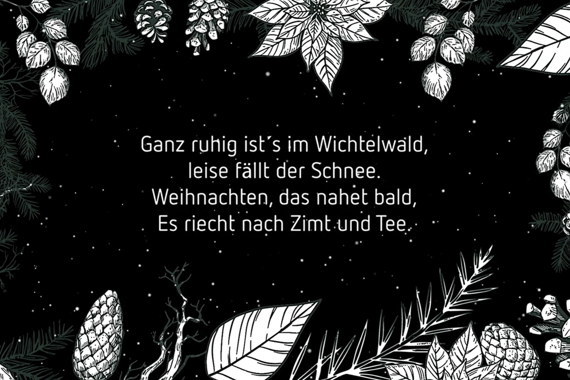 Screenshot des YouTube-Videos. Zu sehen sind weiße Blätter und Tannenzapfen und -zweige auf schwarzem Grund. In der Mitte steht 'Ganz ruhig ist's im Wichtelwald, leise fällt der Schnee. Weihnachten, das nahet bald, Es riecht nach Zimt und Tee.'