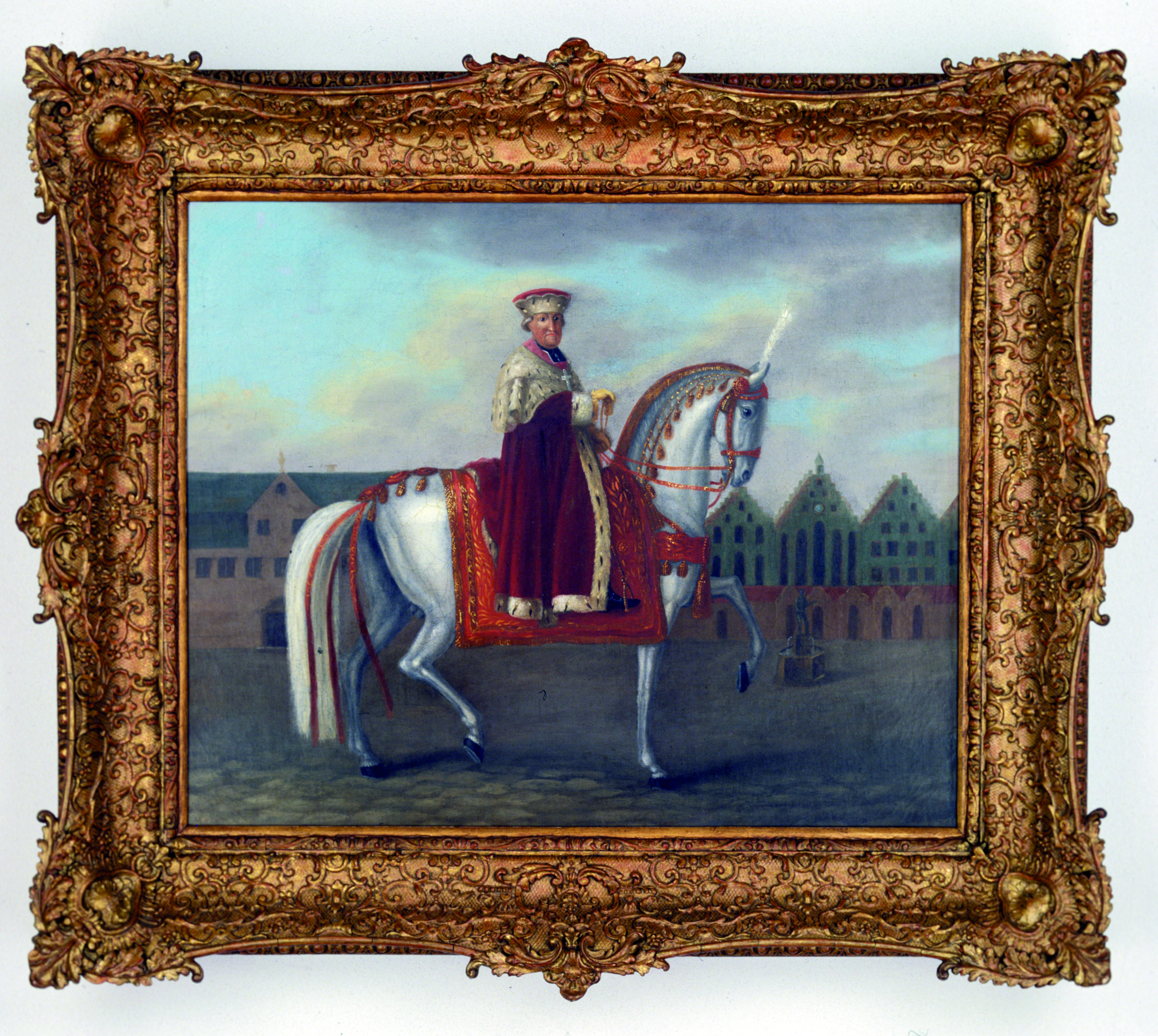 der Trierer Erzbischof und Kursfürst Klemens Wenzeslaus von Sachsen ist zu Pferd vor dem Frankfurter Römer dargestellt.