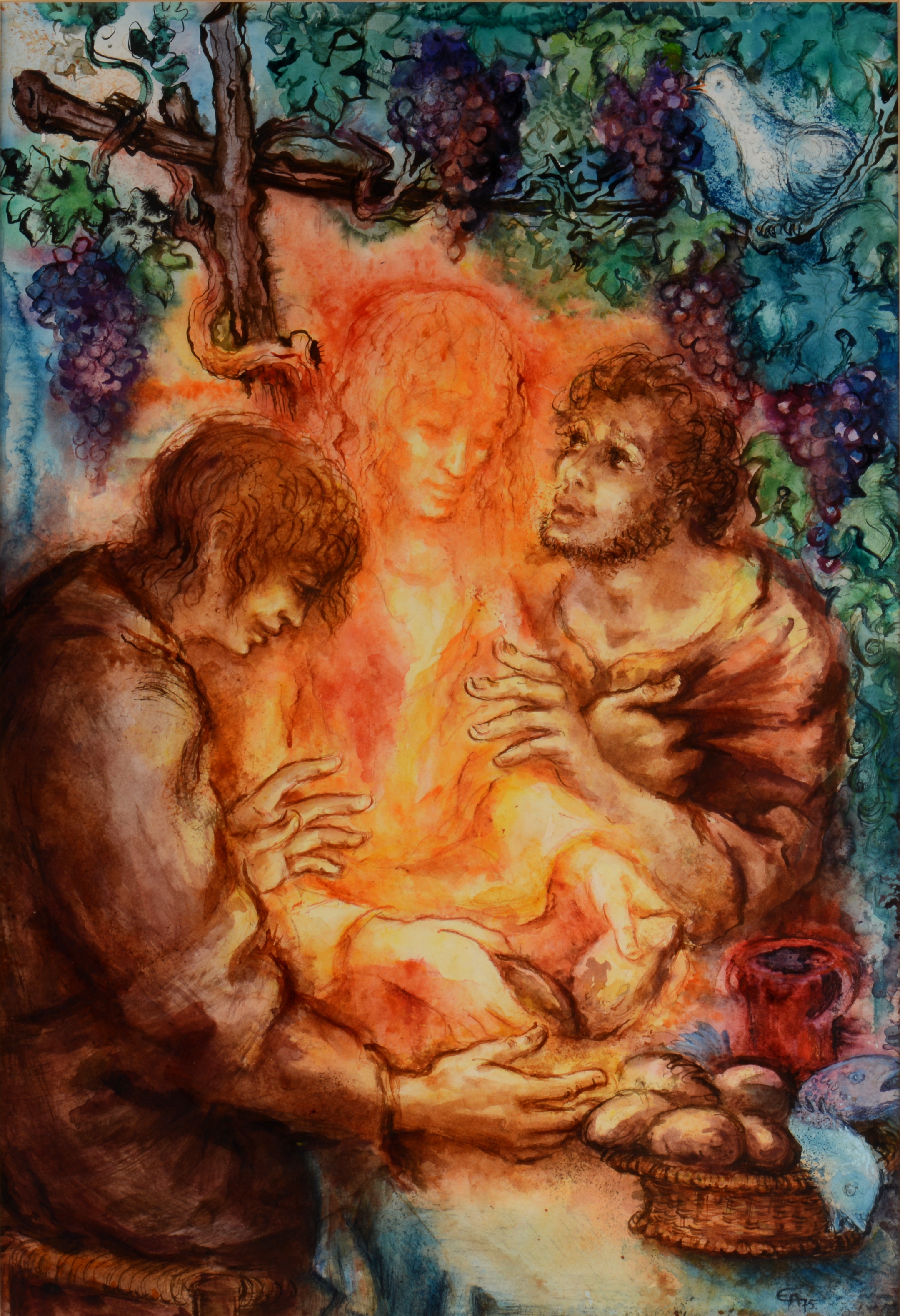Christus sitzt mit zwei Jüngern zu Tisch und teilt mit ihnen Brot und Wein. Daran erkennen sie ihn als den auferstandenen Chrissuts.