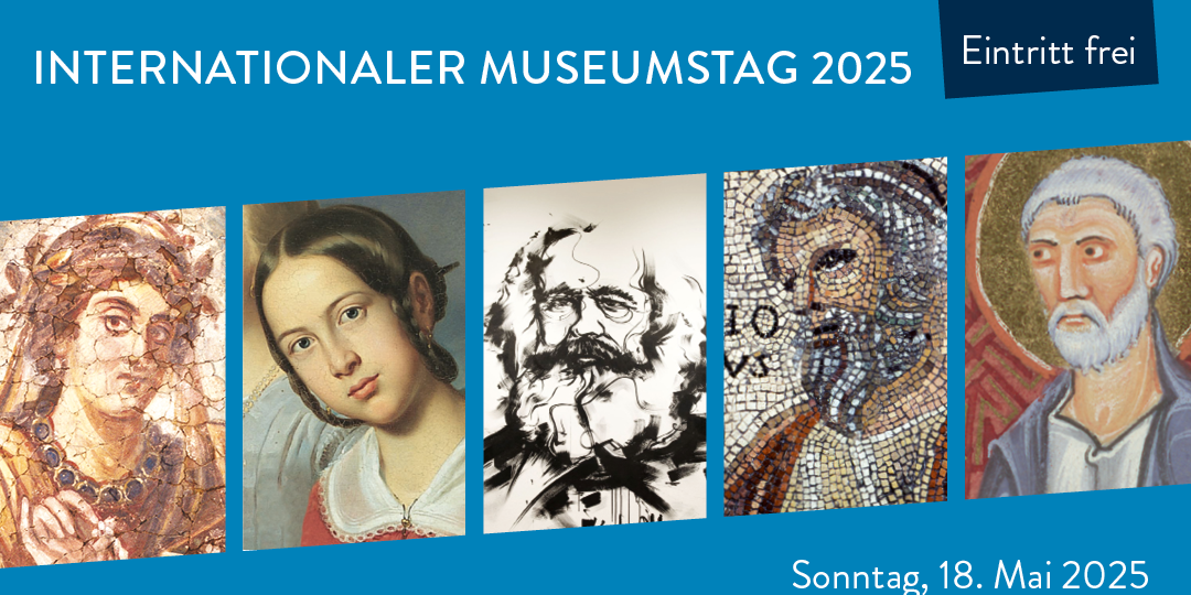 Auf dem Website Plakat sind Kunstwerke der fünf Museen der Trierer Museumsstadt zu sehen. Das Plakat macht Werbung für den Internationalen Museumstag 2025, welcher am Sonntag, dem 18. Mai 2025 stattfindet und zu dem der Eintritt in die fünf Museen frei ist.
