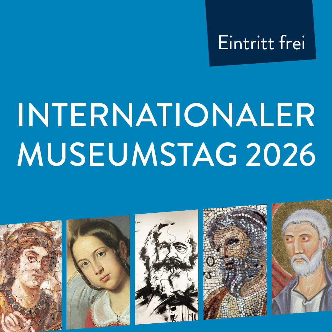 Web Bild für den Internationalen Museumstag 2026. Samstag, 17. Mai 2026, Eintritt frei. Abgebildet sind fünf Kunstwerke der Museen der Museumsstadt Trier.